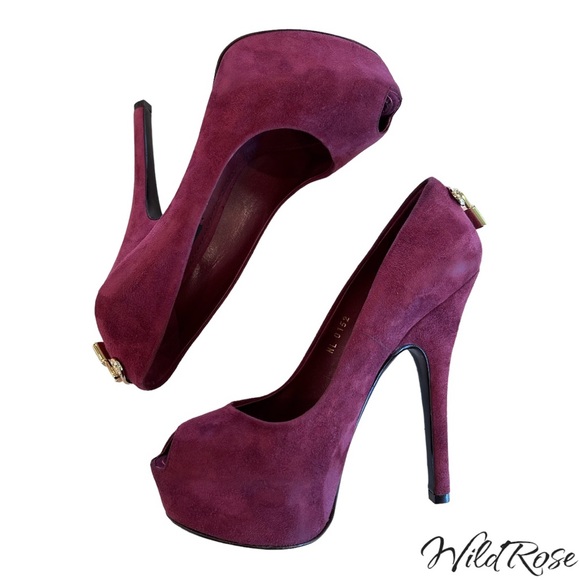 LOUIS VUITTON BURGUNDY SUEDE “OH REALLY” PEEP TOE LV PADLOCK GOLD HEEL PUMPS 36 - Picture 10 of 17
